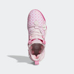 Pink sneaker with floral pattern on a light gray background