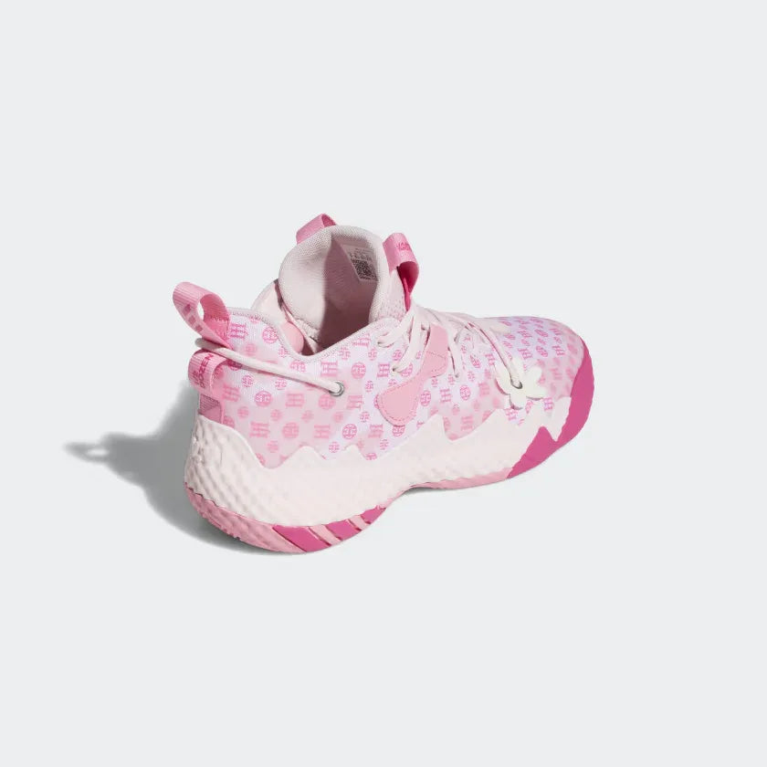 Pink and white sneaker on a light gray background