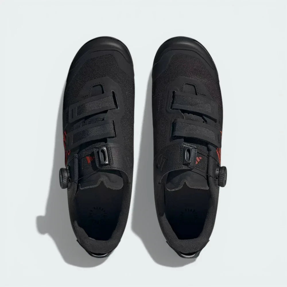 Top-down view of the mountain bike shoes, highlighting the sleek synthetic upper and the precision lacing cables.