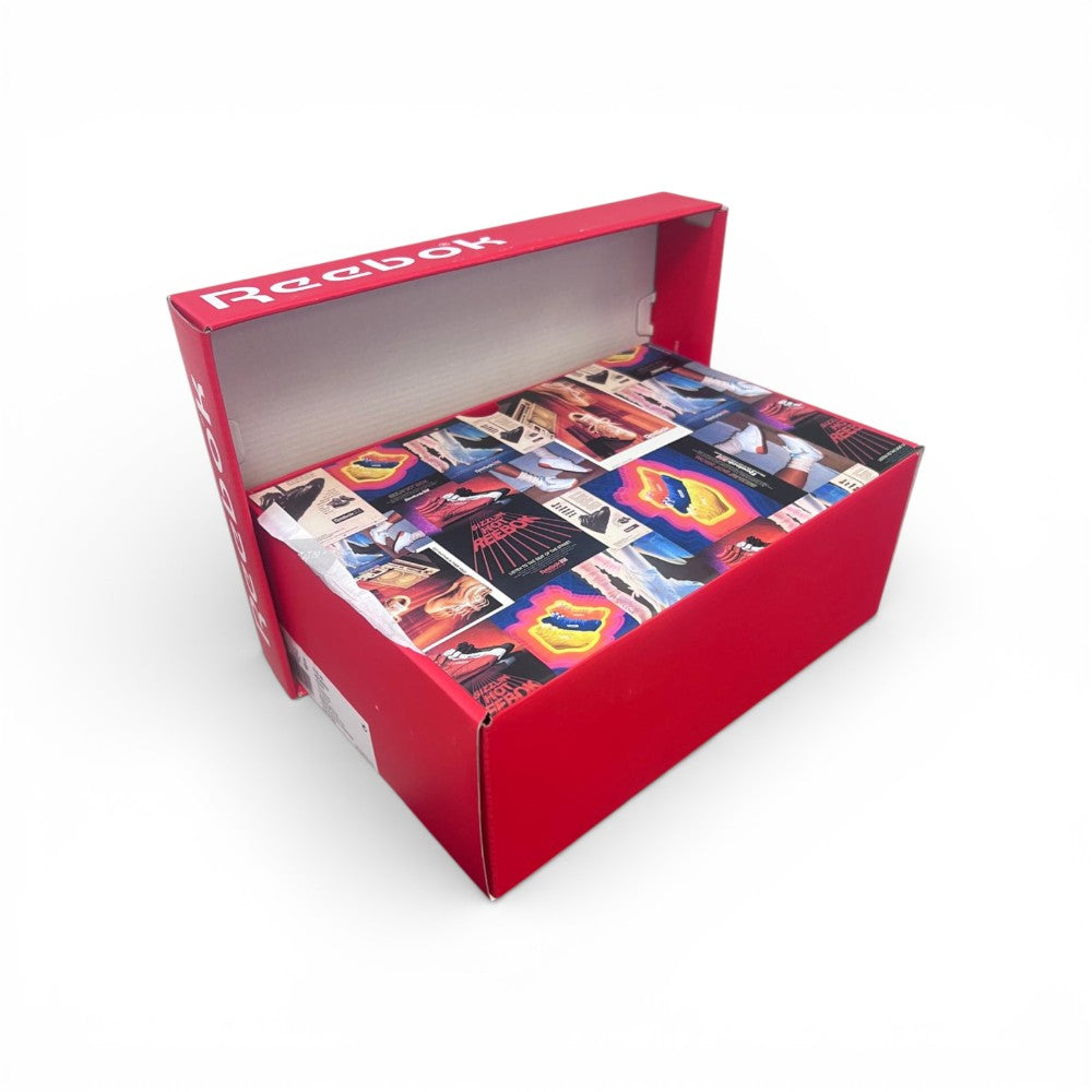 Red box with colourful designs on a white background