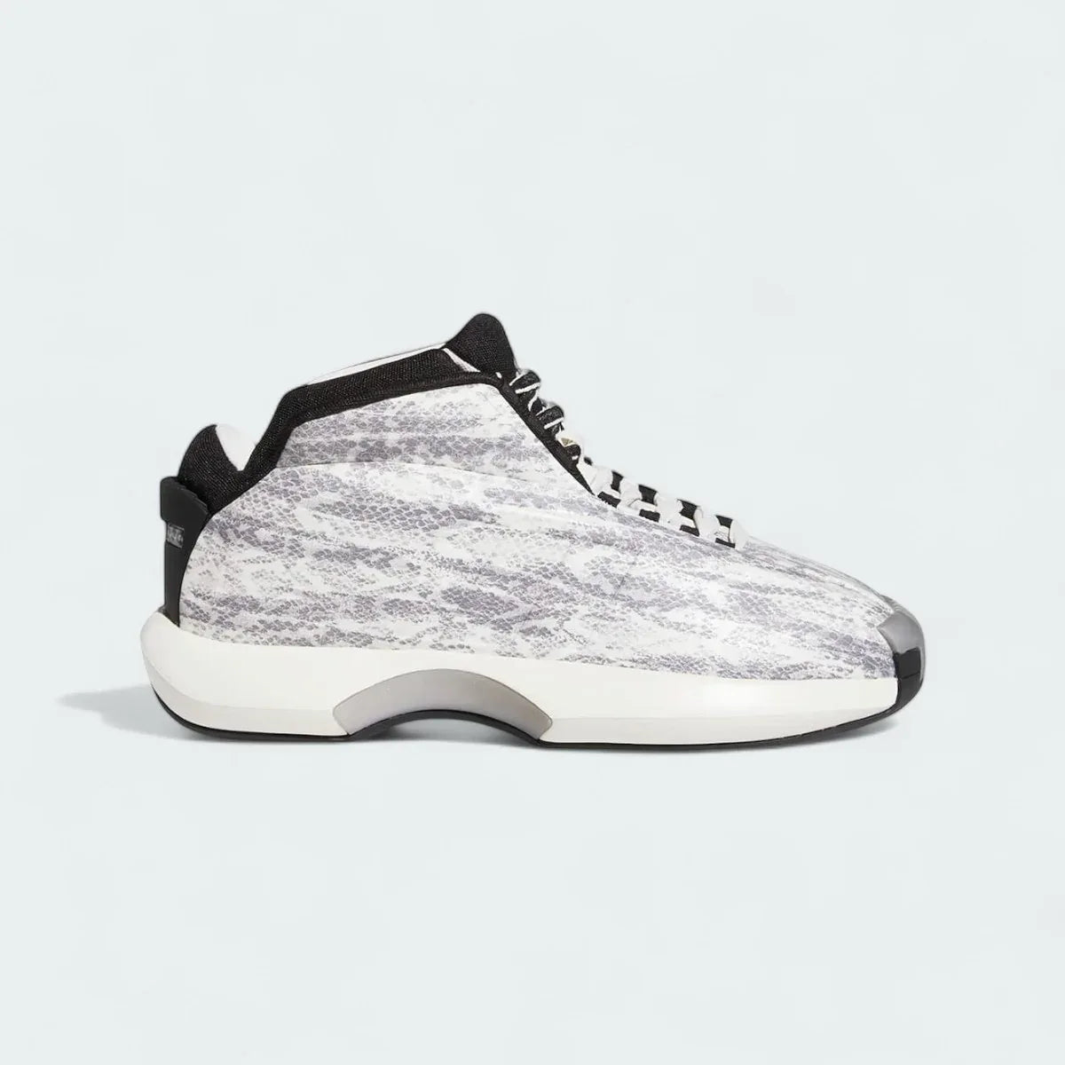 Adidas Crazy 1 Men's "Snake Skin" basketball trainers in white with black accents, side profile showing the moulded upper with snake skin texture and the sculpted midsole. Main image