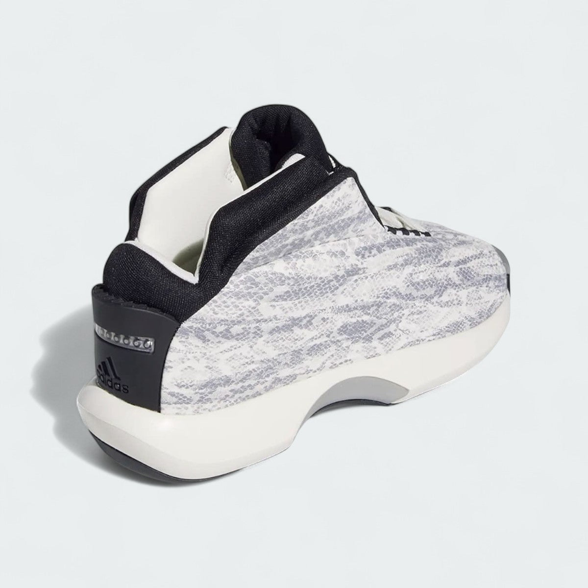 Adidas Crazy 1 Men's "Snake Skin" trainers, back profile in white and black, focusing on the structured heel and distinctive moulded design.