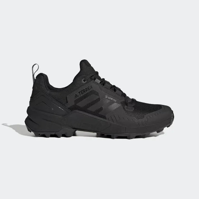 adidas Terrex Swift R3 Gore-Tex Men's Trail Shoes GY6765 side view showing durable black upper with Gore-Tex label and rugged trail sole