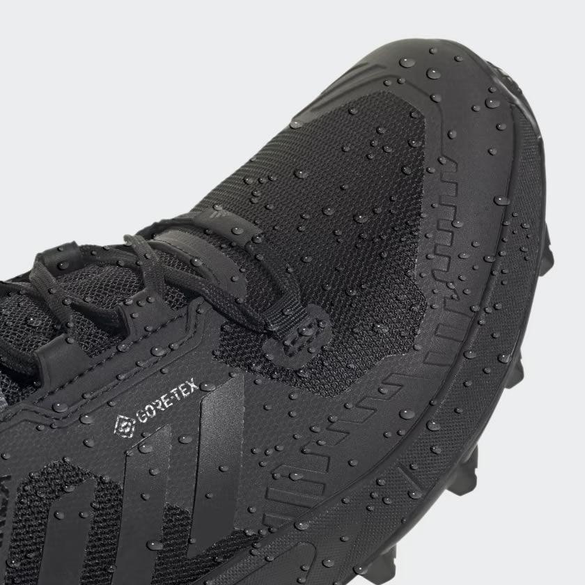 Close-up of adidas Terrex Swift R3 Gore-Tex Men's Trail Shoes GY6765 Gore-Tex branding, mesh upper texture, and lace detail