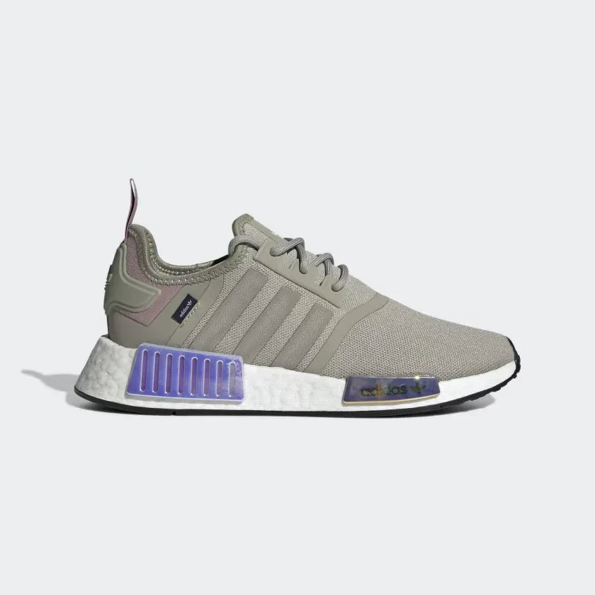 Adidas NMD_R1 women's running trainers in grey with white accents, side profile showing knit upper, white Boost midsole, and signature NMD plugs. Main image