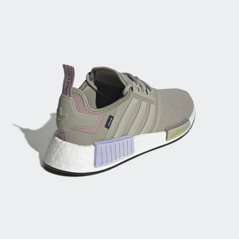 Rear view of the Adidas NMD_R1 women's trainers, focusing on the heel pull tab, molded heel counter, and NMD midsole plugs.