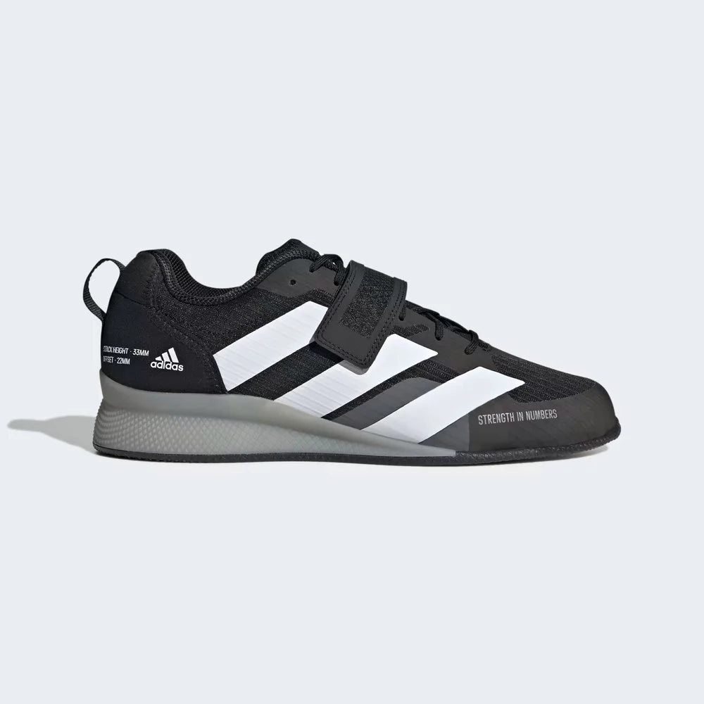 Adidas Adipower Weightlifting III Men's shoes in black, side profile showing the hook-and-loop strap over the laces and the sturdy heel design.
