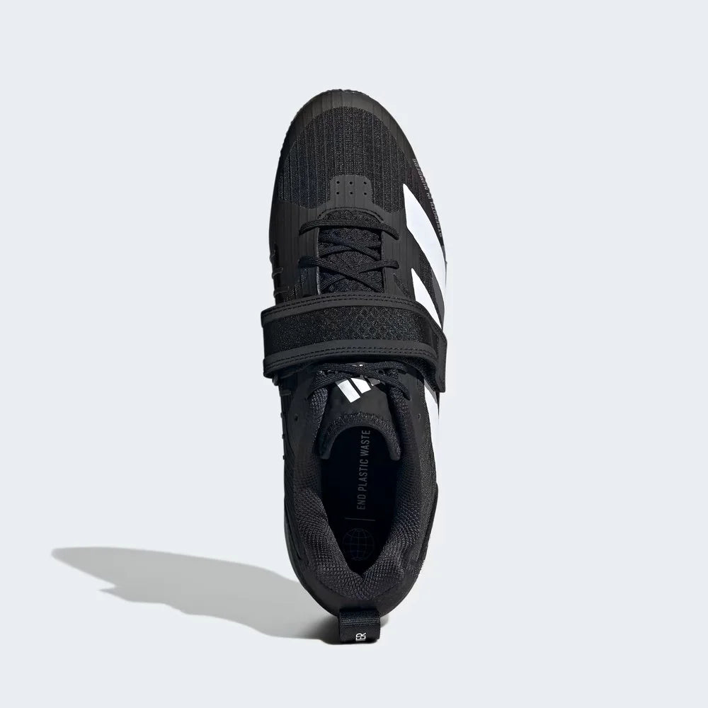 Top-down view of a pair of Adidas Adipower Weightlifting III Men's shoes in black, highlighting the midfoot strap and wide base.