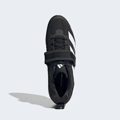 Top-down view of a pair of Adidas Adipower Weightlifting III Men's shoes in black, highlighting the midfoot strap and wide base.