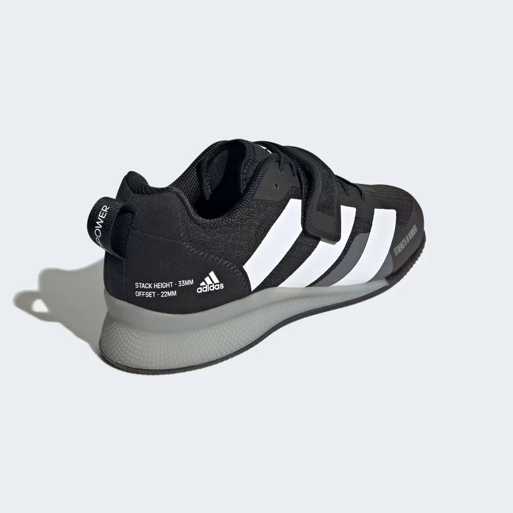 Rear view of the Adidas Adipower Weightlifting III Men's shoes, focusing on the structured, non-compressible heel wedge and Adidas branding.