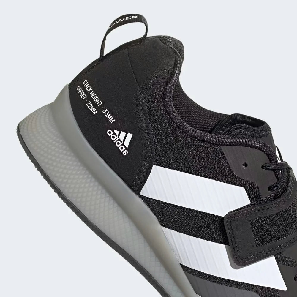Close-up zoom on the back of the Adidas Adipower Weightlifting III Men's shoes, detailing the strap and midsole