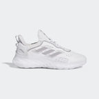 Adidas Web Boost Men's running shoes in cloud white with grey accents, side profile showing the unique webbed Boost cushioning and textile upper.