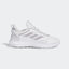 Adidas Web Boost Men's running shoes in cloud white with grey accents, side profile showing the unique webbed Boost cushioning and textile upper.