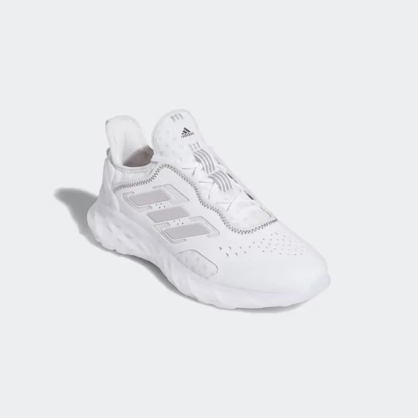Angled view of Adidas Web Boost Men's running shoes in white and grey, showcasing their unique sole and comfortable design.