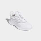 Angled view of Adidas Web Boost Men's running shoes in white and grey, showcasing their unique sole and comfortable design.