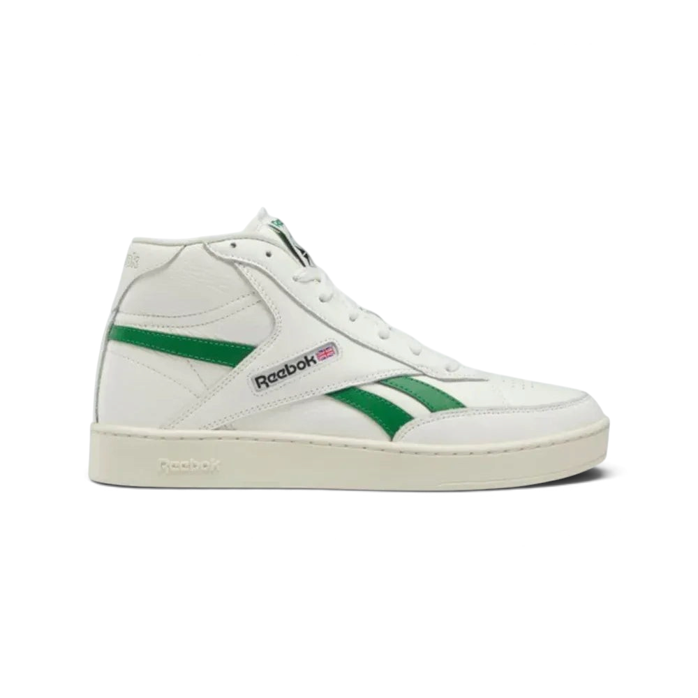 Side profile of the Reebok Club C 85 Form High in Chalk leather, showing the Glen Green Reebok window logo and the sleek high-top silhouette. Main image