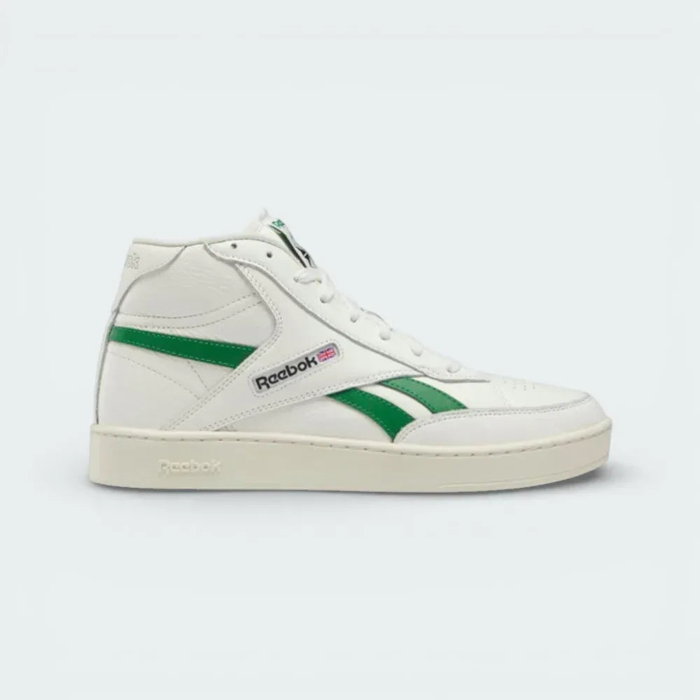 Side profile of the Reebok Club C 85 Form High in Chalk leather, showing the Glen Green Reebok window logo and the sleek high-top silhouette. Main image