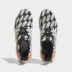 Top-down view of a pair of Adidas Ultraboost 1.0 x Marimekko running shoes, highlighting their sock-like fit, lace-up closure, and all-over graphic print.