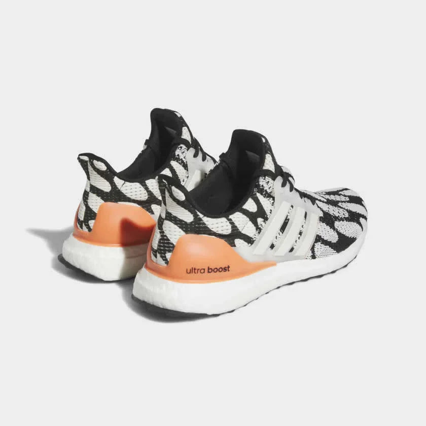 Rear view of the Adidas Ultraboost 1.0 x Marimekko running shoes, focusing on the supportive heel counter and branded heel pull tab.