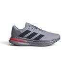 Side Profile Image: Studio lateral shot of the adidas Galaxy 7 in Halo Silver and Aurora Ink, highlighting the supportive textile upper, Cloudfoam midsole cushioning, side three-stripes branding, and durable TPU outsole.