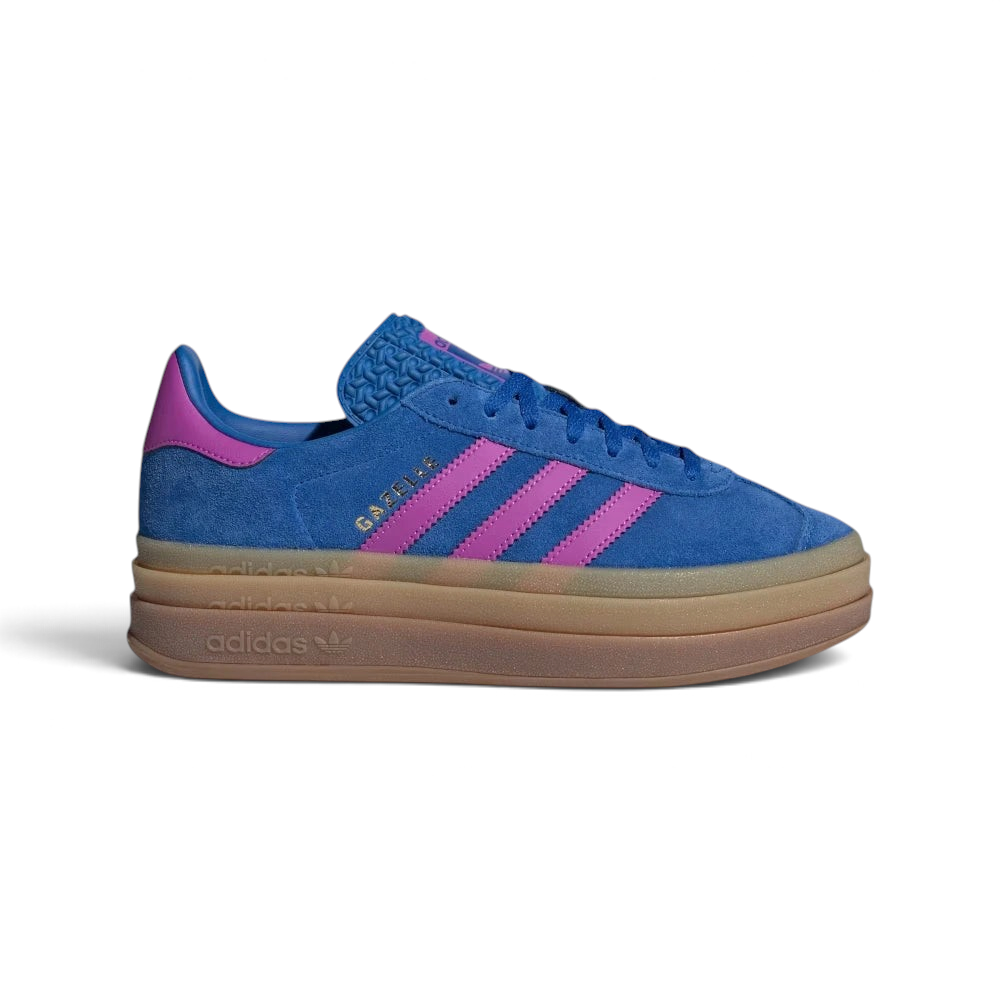 Highlights the high-velocity sweep of the Purple Burst serrated 3-Stripes, the professional gold-foil Gazelle text, and the striking visual grid of the triple-stacked platform rubber outsole. Main image
