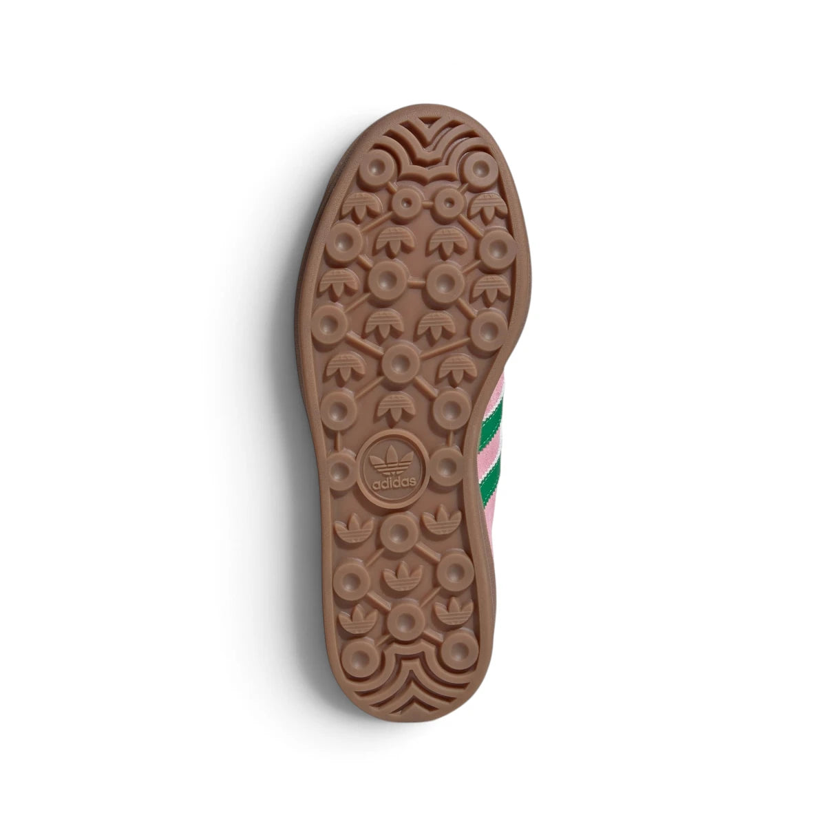 Outsole View: Bottom-down view of the gum rubber outsole, showcasing the iconic tread pattern featuring repeating trefoil motifs and pivot zones.   