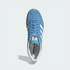 Top-Down View of Pair: Looking down at the light blue suede lacing system and the textured tongue branding.