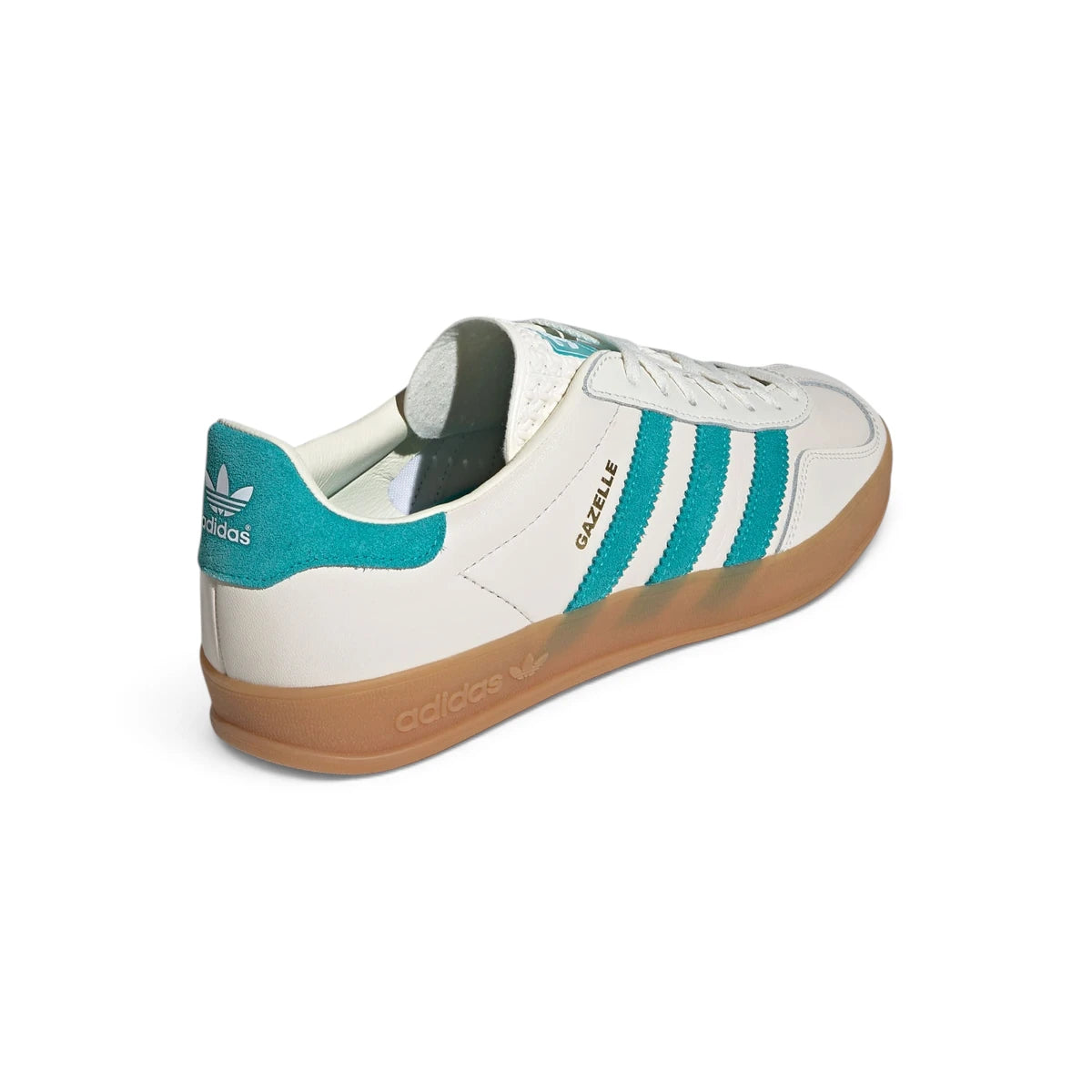 Rear-facing perspective focusing on the teal suede heel tab with white Trefoil branding, stitched rear collar seams, and the clean sidewall wrap of the gum sole.
