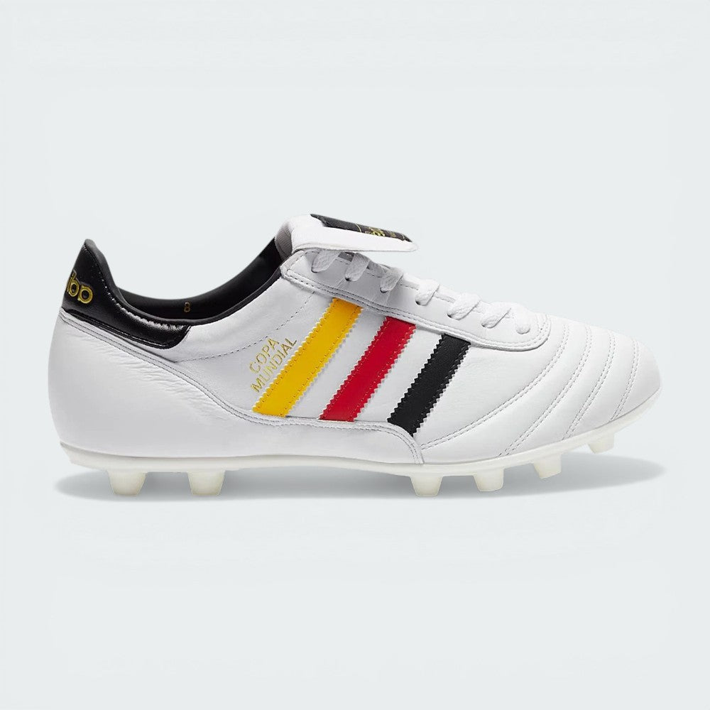 The Cloud White Germany Copa Mundial, highlighting the yellow, red, and black 3-Stripes and the gold metallic branding.