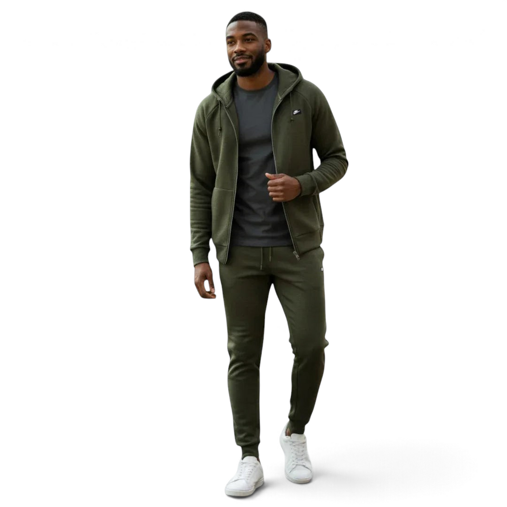 Nike NSW Optic Tracksuit in olive green, front view worn by a model showing the full-zip hoodie and matching tapered pants.