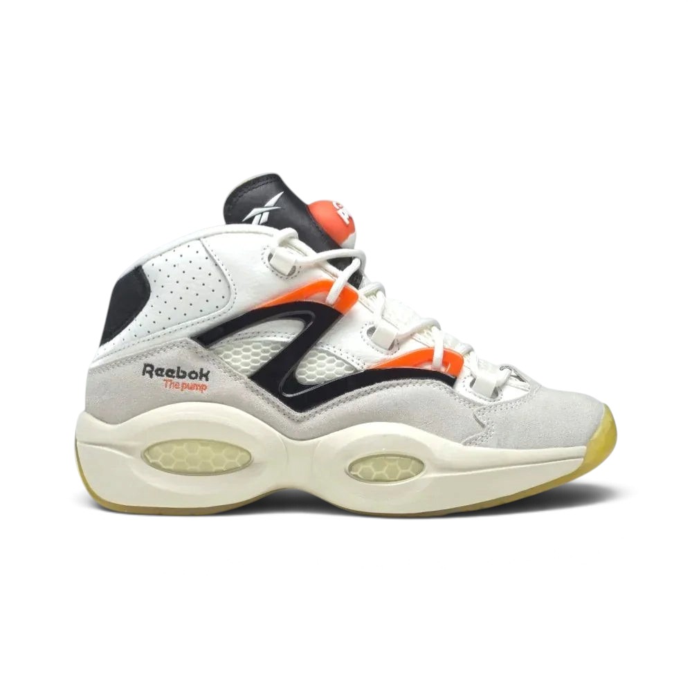 Side profile of the Reebok Question Pump in Chalk, showing the grey suede mudguard, visible Hexalite cushioning, and the classic orange Pump tongue. Main image