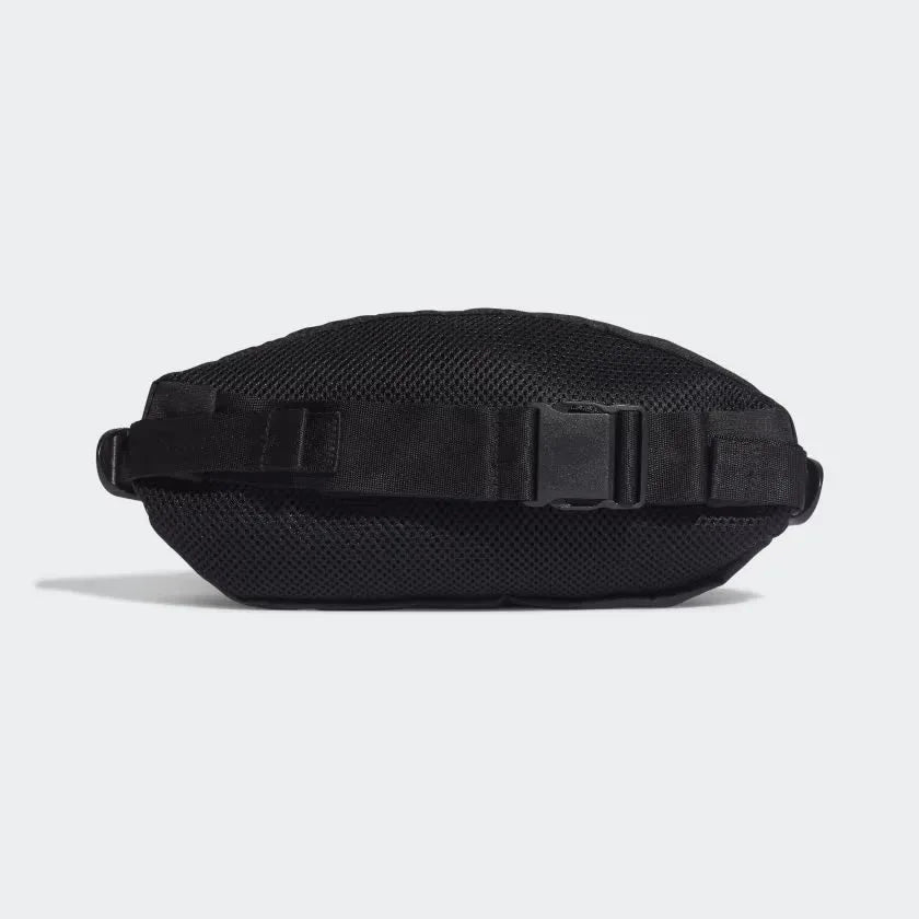 Adidas Adventure Waist Bag in black, back view showing the adjustable waist belt with buckle closure and padded mesh panel.