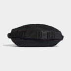 Adidas Adventure Waist Bag in black, back view showing the adjustable waist belt with buckle closure and padded mesh panel.