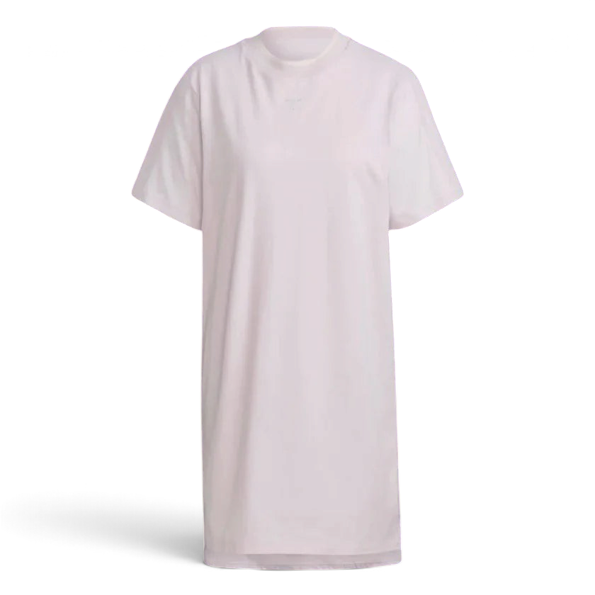 Adidas Tennis Luxe Tee Dress Women's in ambient blush pink, laid flat, front view showing the smooth cotton fabric and simple design.