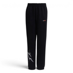 Black Adidas track pants with a white and red graphic on the left leg, featuring an elastic waistband with a drawstring and Adidas branding on the upper left.