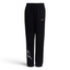 Black Adidas track pants with a white and red graphic on the left leg, featuring an elastic waistband with a drawstring and Adidas branding on the upper left.