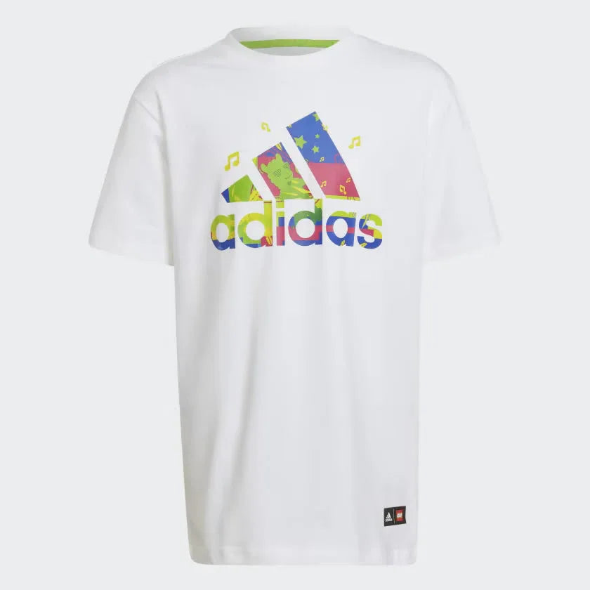 A white adidas t-shirt with a colorful graphic of lego bricks on the front. Main image