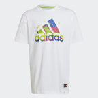 A white adidas t-shirt with a colorful graphic of lego bricks on the front.