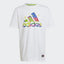 A white adidas t-shirt with a colorful graphic of lego bricks on the front.