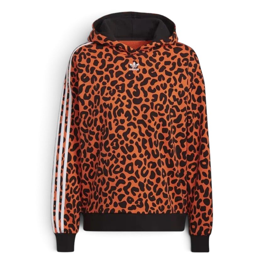 Adidas x Rich Mnisi Hoodie Women's in a true orange and black animal print, front view showing the drawcord hood and kangaroo pocket.
