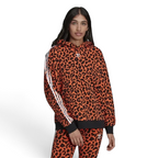 Adidas x Rich Mnisi Hoodie Women's in a true orange and black animal print, front view showing the drawcord hood and kangaroo pocket.