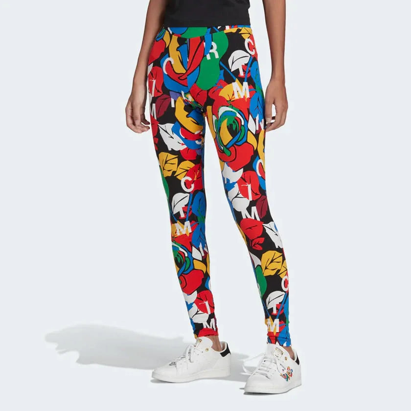 Adidas x Rich Mnisi Graphic Leggings Women's in a multi-color rose print, front view showing the slim fit and elastic waist. Main image