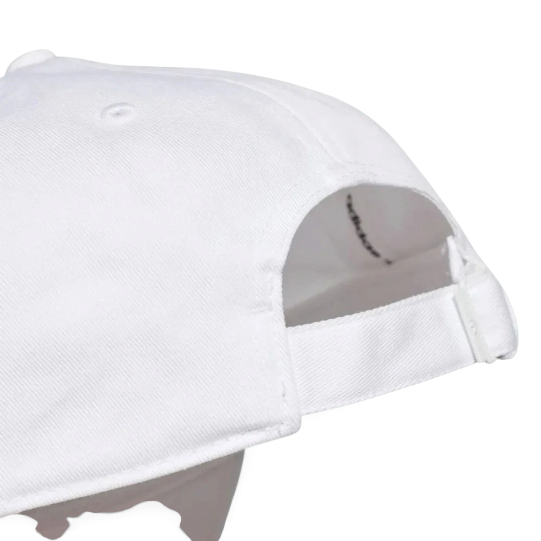 Adidas Originals Graphic Retro Baseball Cap in white, back view showing the adjustable back strap for a customized fit.
