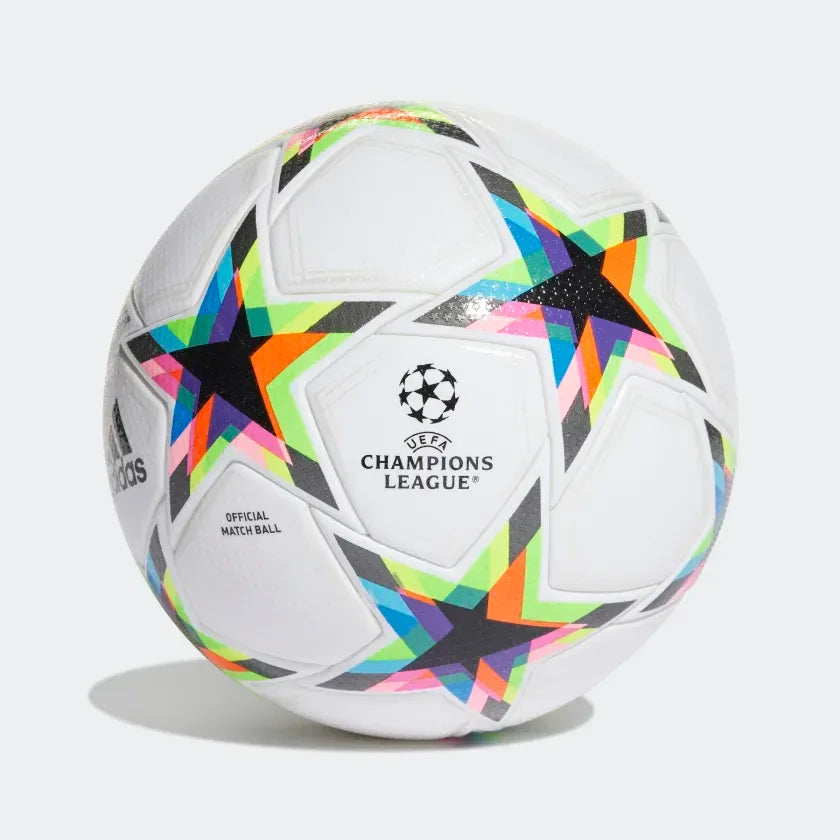 Adidas Champions League 2022/23 Pro Match Ball HE3777, side profile showing its white and multi-color "UCL Pro Void" starry design. Main image