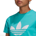 Close-up of adidas Adicolor Women's Trefoil T-Shirt HE6869 Trefoil print and ribbed crewneck detail