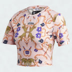 Adidas x Her Studio London Cropped Tee in a multi-color floral print, front view showing the ribbed crewneck, loose fit, and Adidas Trefoil logo.