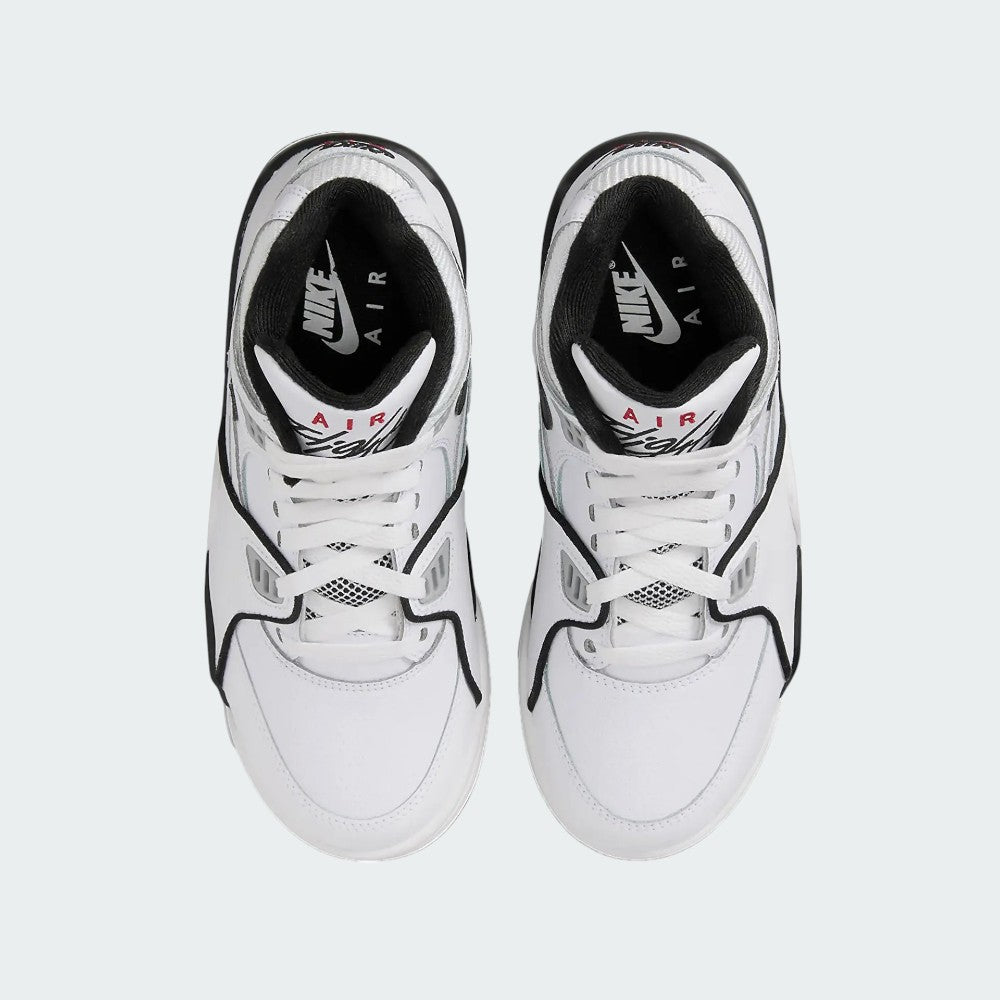 Top-down view of a pair of Nike Air Flight 89 Juniors' basketball trainers in white, highlighting their classic silhouette and lace-up closure.
