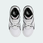 Top-down view of a pair of Nike Air Flight 89 Juniors' basketball trainers in white, highlighting their classic silhouette and lace-up closure.