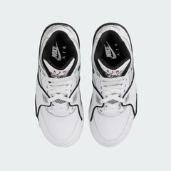Top-down view of a pair of Nike Air Flight 89 Juniors' basketball trainers in white, highlighting their classic silhouette and lace-up closure.