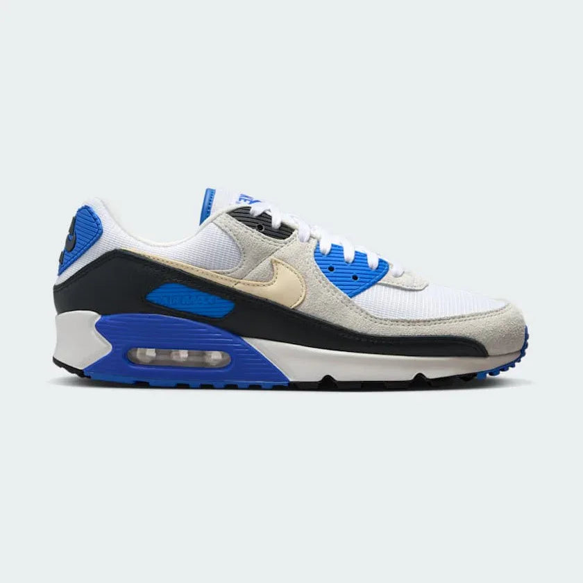 Nike Air Max 90 Premium Men's White Trainers HF3449-100 side view showing white leather and textile upper with visible Air unit in heel Main image